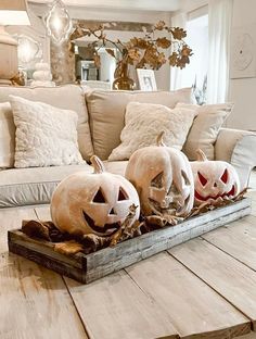 three carved pumpkins sit on a tray in front of a couch and coffee table