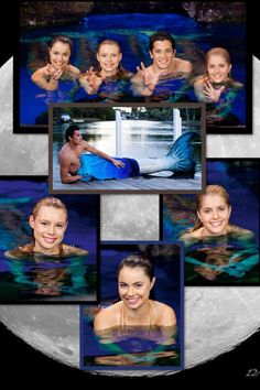 four pictures of people in the water with one woman smiling at the camera and two men standing behind them