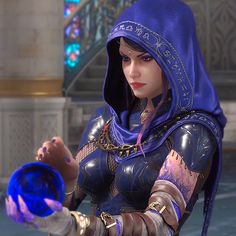 an image of a woman in armor holding a blue glass bowl and looking at the camera