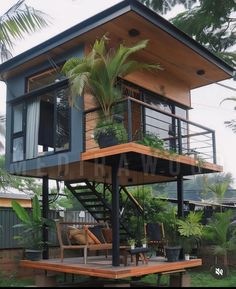 a house that is made out of wood and has plants growing on the top floor