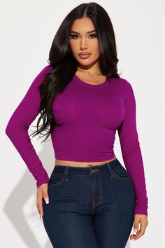 Available In Black, White, Olive, Magenta, Dark Red, Royal, And Teal. Long Sleeve Top Crew Neck Cropped Ribbed Stretch 93% Rayon 7% Spandex Imported | Jaclyn Cropped Long Sleeve Top in Magenta size Small by Fashion Nova Purple Stretch Long Sleeve Crop Top, Purple Long Sleeve Stretch Crop Top, Purple Ribbed Stretch Top, Purple Stretch Ribbed Tops, Stretch Purple Ribbed Tops, Stretch Ribbed Purple Tops, Purple Ribbed Top, Purple High Stretch Long Sleeve Top, Stretch Purple Tops