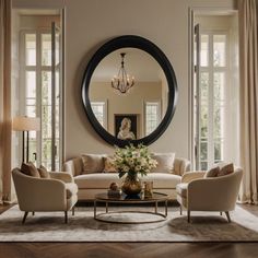 a living room filled with furniture and a round mirror