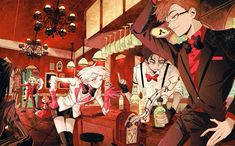 an anime scene with two men and a woman sitting at a bar in the background