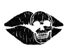 a black and white image of a skull with fangs on it's lips, in the shape of a female mouth