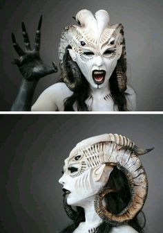 two pictures of the same woman with horns and hair, one is wearing an animal mask