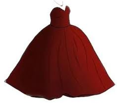 a red dress is hanging on a clothes rack with a hanger in the shape of a ball gown