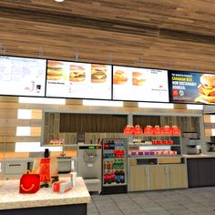 the interior of a fast food restaurant with menus on the wall and counter tops