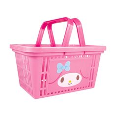 a pink plastic basket with hello kitty on it