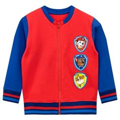 Boys PAW Patrol Jacket. Your pup will be on a roll with the Paw Patrol in this paw-some varsity jacket! In vibrant red with blue sleeves, this cool long sleeve sweatshirt features 3 sewn badges of Marshall, Chase, and Rubble on the front with a 'Paw Patrol Ready for Action' print on the back. Complete with striped cuffs and a zip closure, this coat will surely keep your little pup warm and cosy when running to the rescue! Size: 6.  Gender: male.  Age Group: kids. Paw Patrol Jacket, Paw Patrol Gifts, Boys Coat, Sweater Material, Boys Jacket, Zipper Jacket, Zip Up Sweater, Cool Sweaters, Kids Sweatshirt