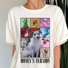 a woman wearing a white t - shirt with pictures of dogs on it and the words honey's version