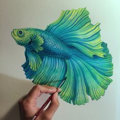 a drawing of a blue and green fish on a piece of paper with a pencil in it