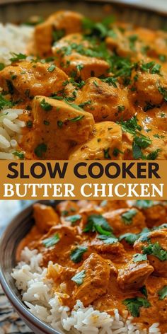 this slow cooker butter chicken is ready to be served over rice and garnished with parsley