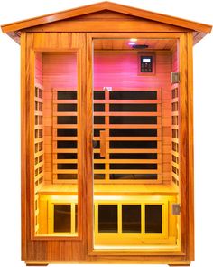 a wooden sauna with two doors and three windows on the side, in front of a white background