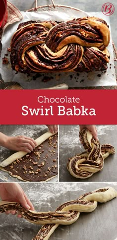 chocolate swirl babka is being made in the shape of an animal's tail