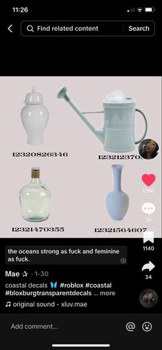 an iphone screenshot shows the different types of vases and bottles in each one