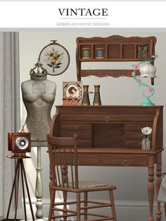 an old fashioned desk and chair are shown in this vintage home decor advertism