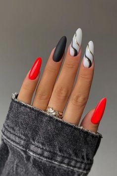 Red, black and white almond nails. #vibrantnails #melaninmanicures White Nail, Black Nail, Hot Nails, Fancy Nails, Chic Nails, Dope Nails, Matte Nails, Best Acrylic Nails, Perfect Nails