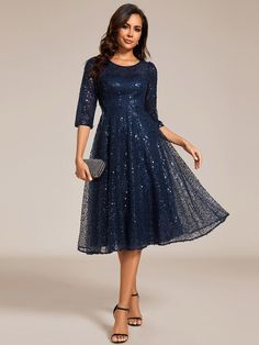 3/4 Sleeve Sparkly Sequin Round Neck Midi Wedding Guest Dress #color_Navy Blue Midi Sequin Dress, Midi Wedding Guest Dress, Navy Blue Prom Dresses, Tulle Midi Dress, Womens Prom Dresses, Sequin Midi Dress, Prom Dresses Sleeveless, Sequin Evening Dresses, Sequin Design