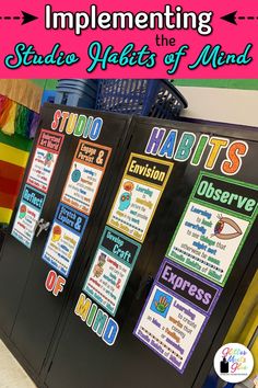 8 studio habits of mind posters displayed in an art room Art Class Decorations, Studio Habits Of Mind, High School Art Room, Elementary School Art, High School Art Lessons, Middle School Art Projects