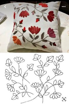 a pillow with embroidered flowers on it next to an image of a flowered pillow