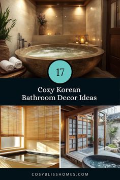 Discover 17 cozy Korean bathroom decor ideas with beautiful images of a pebble shower floor, bamboo blinds, and natural scents. This pin showcases designs that create a relaxing and serene atmosphere for your bathroom.