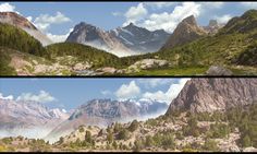 two pictures of mountains with trees in the foreground and clouds in the sky above them