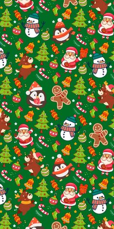 a green christmas pattern with santa and snowmen