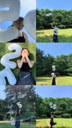 a collage of photos with people holding up balloons in the shape of numbers and letters