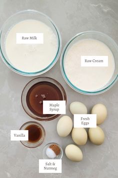 ingredients to make an egg muffin recipe laid out on a gray surface with labels