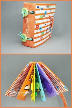 an orange bag filled with lots of different colored papers and scissors on top of each other