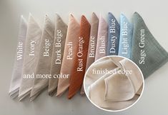 six different colors of cloths with the names of each one on them and an image of