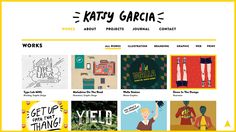 the homepage for kathy garcia's website is shown in yellow and black colors