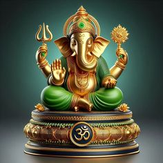 an elephant statue sitting on top of a gold plated stand with a green background