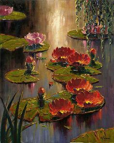 an oil painting of water lilies and lily pads on a pond with flowers in the background