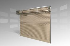 an overhead roller up garage door on a gray background with horizontal blinds in the middle