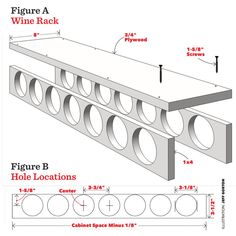 the diagram shows how to make a wine rack with holes in each section and measurements