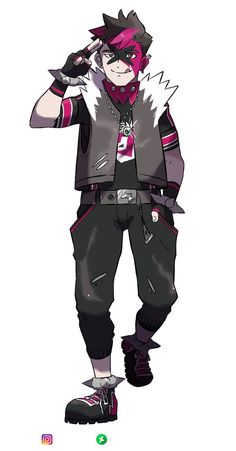 an anime character with pink hair and black pants, holding a baseball bat in his hand