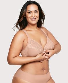 All the Support of a Wire, None of the Discomfort At the intersection of convenience and comfort is this plus-size bra. The secure front clasp goes on and off in a pinch while the cushioned wire never gets close enough to pinch back. WonderWire® design features a padded underwire with an extra layer of cushion to prevent wire poke. Lace-topped cups feature side-bust control to shape and support. Easy on and off secure front closure. Wide, cushioned straps adjust to your fit. Featured on our Best Front Closure Bra, Mid Size Fashion, Tamil Girls, Personal Image, Minimiser Bra, Plus Size Bra, Mid Size, Curvy Girl Fashion, Bras And Panties