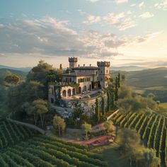 an aerial view of a castle in the middle of a vineyard with lots of trees