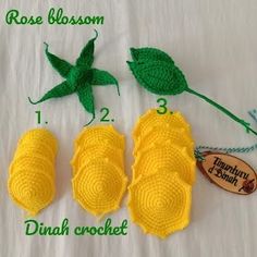 four crocheted lemons are shown on a white tablecloth with instructions for how to make them