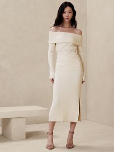 Off-Shoulder Sweater | Banana Republic Factory Christmas Style Outfit, Winter Graduation Outfit, Wedding Shower Outfit, Formal Sweater, Winter White Outfit, Midi Sweater Skirt, White Outfits For Women, White Sweater Dress, Christmas Outfits Women