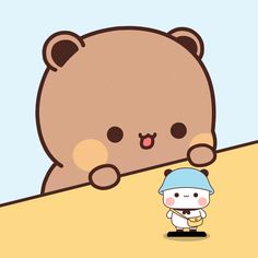 a brown teddy bear standing next to a wall with a blue hat on it's head