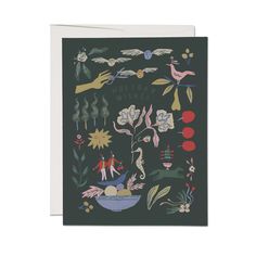 a greeting card with an illustration of birds, flowers and other things on it's front