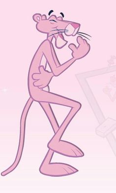 a pink cartoon character is standing in front of a picture frame and looking at the viewer