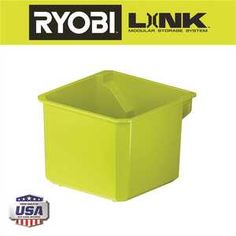 a yellow trash can with the words ryobi link on it