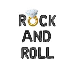 the words rock and roll are made out of black letters with gold rings on them