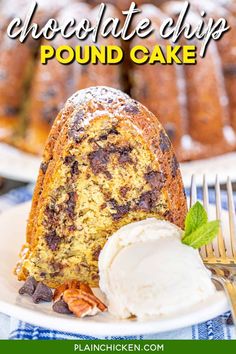 chocolate chip pound cake on a plate with ice cream