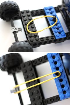 two pictures of a lego car with yellow and blue strings attached to it's wheels