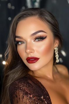 Makeup Looks Bold Lip, Brown Eye Makeup With Red Lips, Gold Eyes Red Lips, Makeup For Dances, Prom Night Makeup, Red Carpet Makeup Looks, Glossy Red Lips, Lipstick Makeup Looks, Silver Glitter Eye Makeup