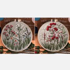 two pictures of the same embroidery project with flowers on them, one in red and one in white